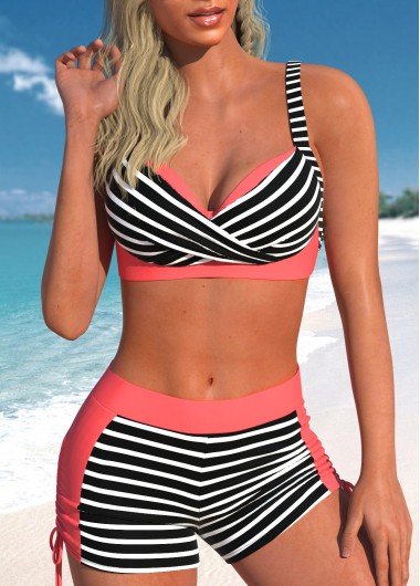 Criss Cross Striped Coral Red Bikini Top