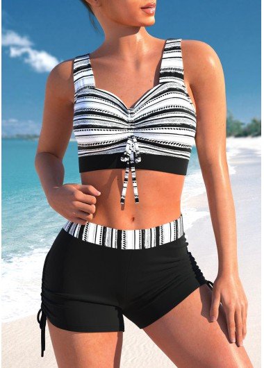 Double Straps Drawstring Striped Black Bikini Top