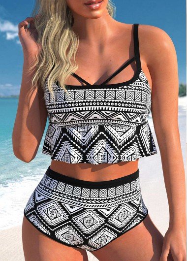 Lace Up Tribal Print Black Bikini Top