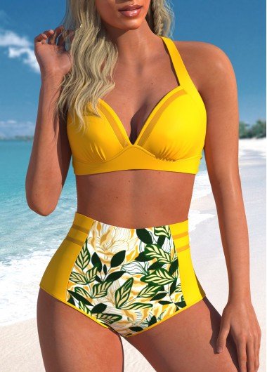 Mesh Leaf Print Yellow Bikini Top