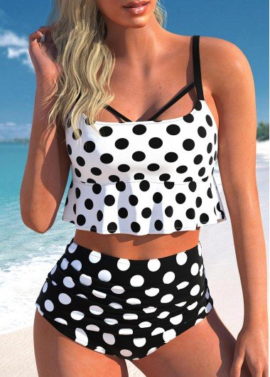 Lace Up Polka Dot White Bikini Top